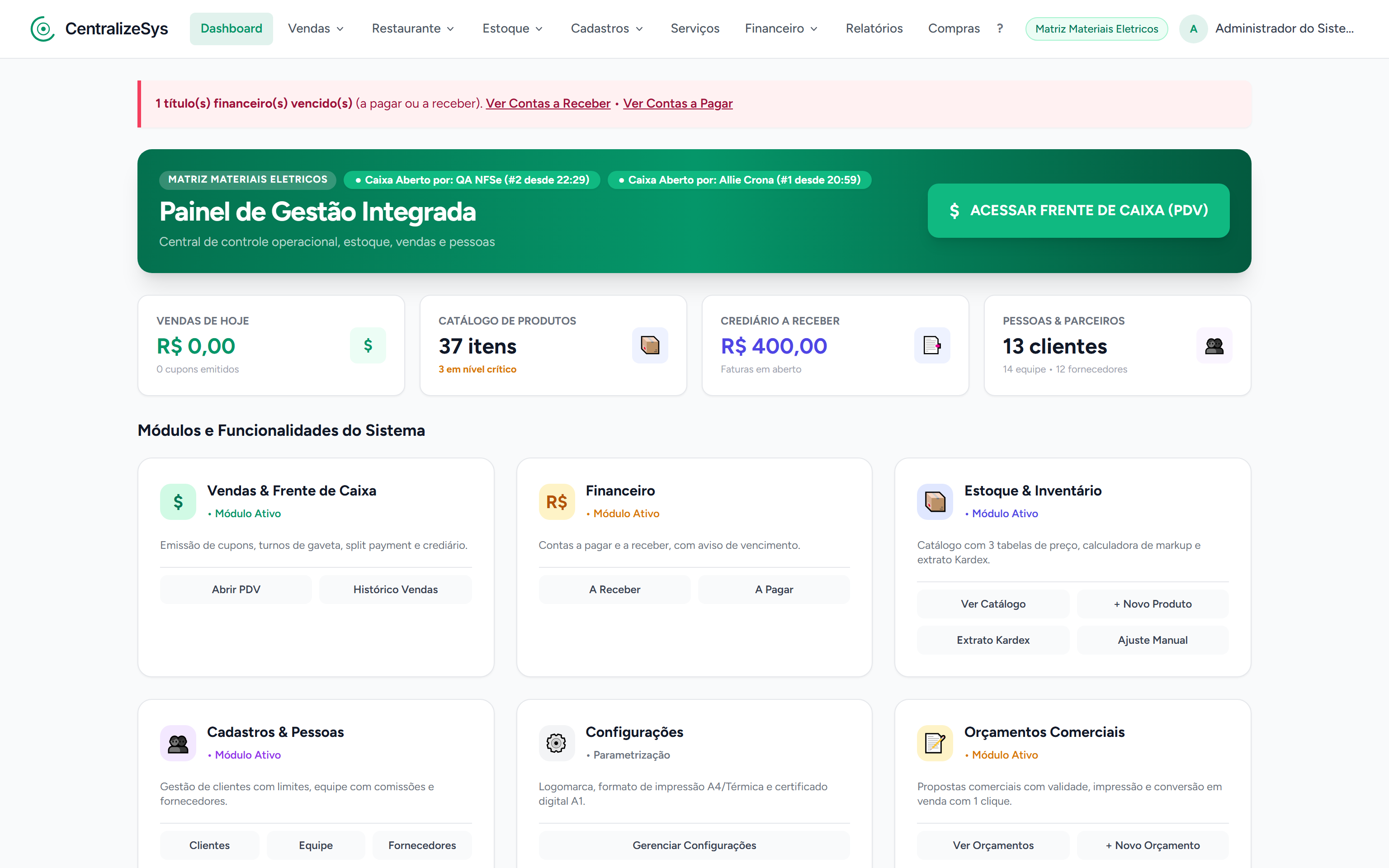 Dashboard do CentralizeSys